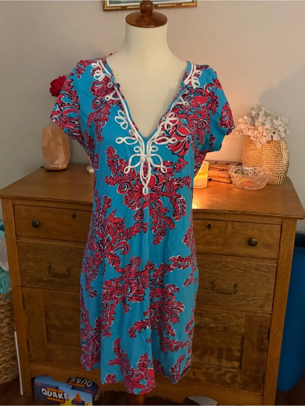 Lilly Pulitzer Turquoise & Pink Floral V-Neck Cotton Dress Size Large